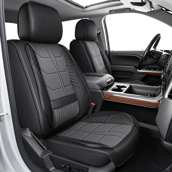 Seat Covers for 2007-2026 Chevrolet Chevy Silverado GMC Sierra1500 2500HD 3500HD Trail Boss Z71 Crew Double Extended Cab Full Set Truck PU Leather Car Seat Cushion(5 Seats,Black&Grey)