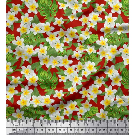 Soimoi Cotton Voile Fabric Monstera Leaves & Plumeria Floral Printed Fabric 1 Yard 42 Inch Wide