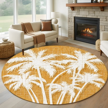 Palm Tree 5FT Round Area Rugs for Living Room Tropical Plant Coastal Summer Orange Ultra-Thin Non-Slip Round Rugs Machine Washable Low Pile Circle Carpet for Bedroom Kitchen Nursery