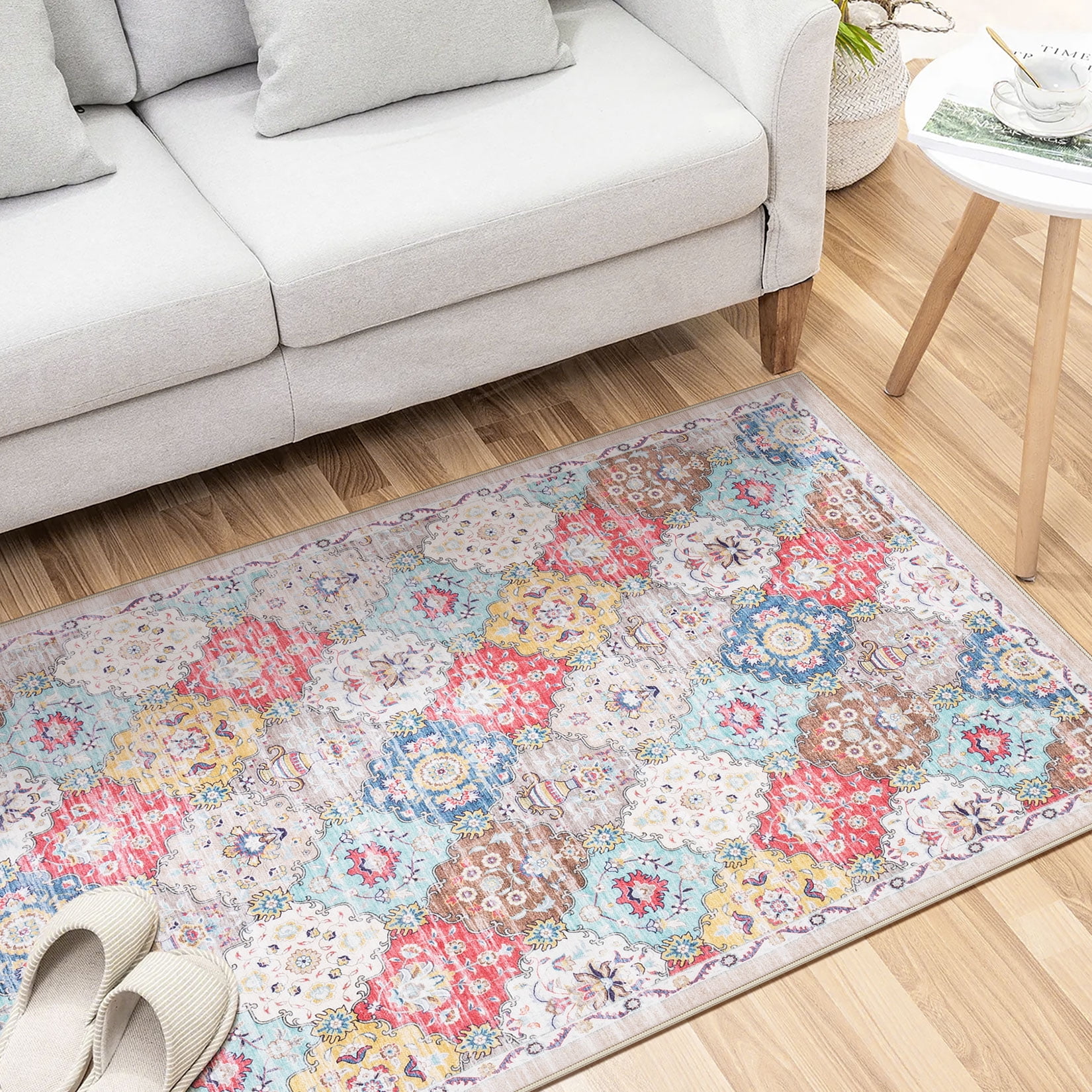 Toyoso 3x5 Area Rug Living Room Rugs - Washable Vintage Floral Soft Thin Large Rug Indoor Floor No Slip Rug Carpet for Bedroom Under Dining Table Home Office Decor - Multi Red