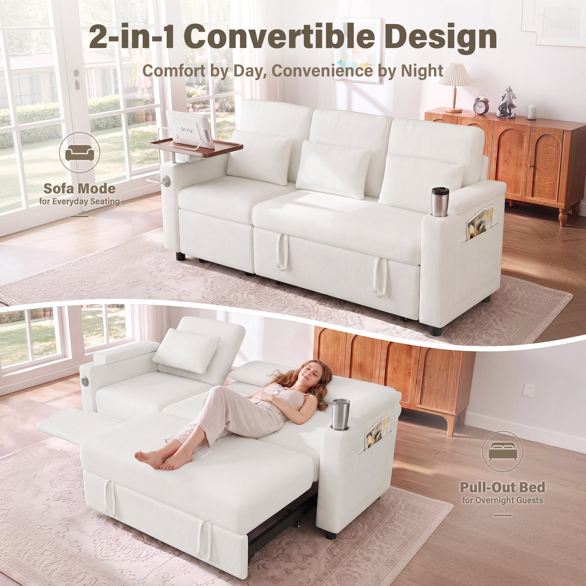 Aukfa 81" Convertible Sleeper Sofa,Chenille 3-in-1 Sofa Bed with Recliner,Center Table,USB Ports & Storage Armrests,White
