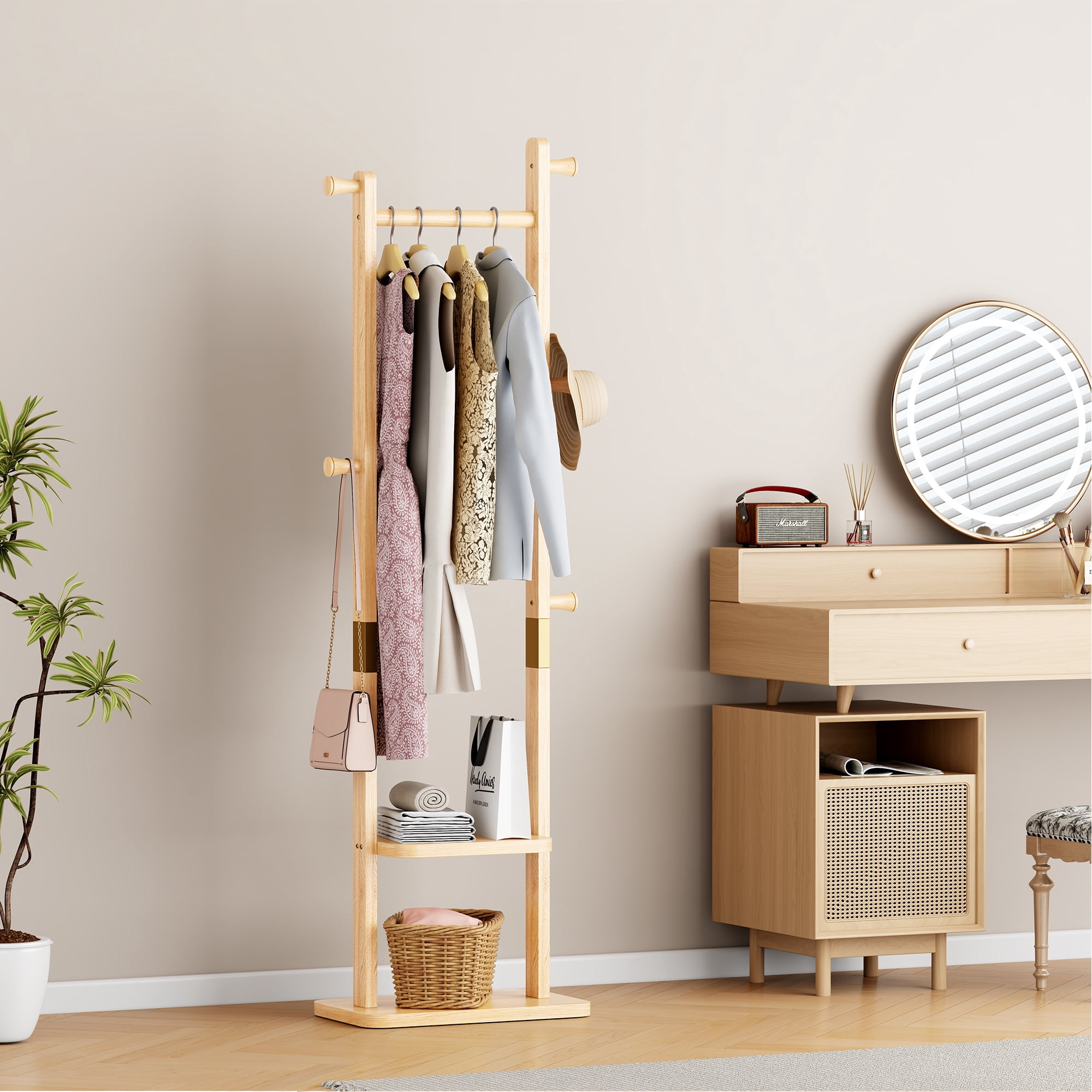 GARITIN Coat Rack and Hall Tree 18.9 Inch, Solid Wood Freestanding Coat Stand with Hooks for Entryway Living Room Bedroom, Natural