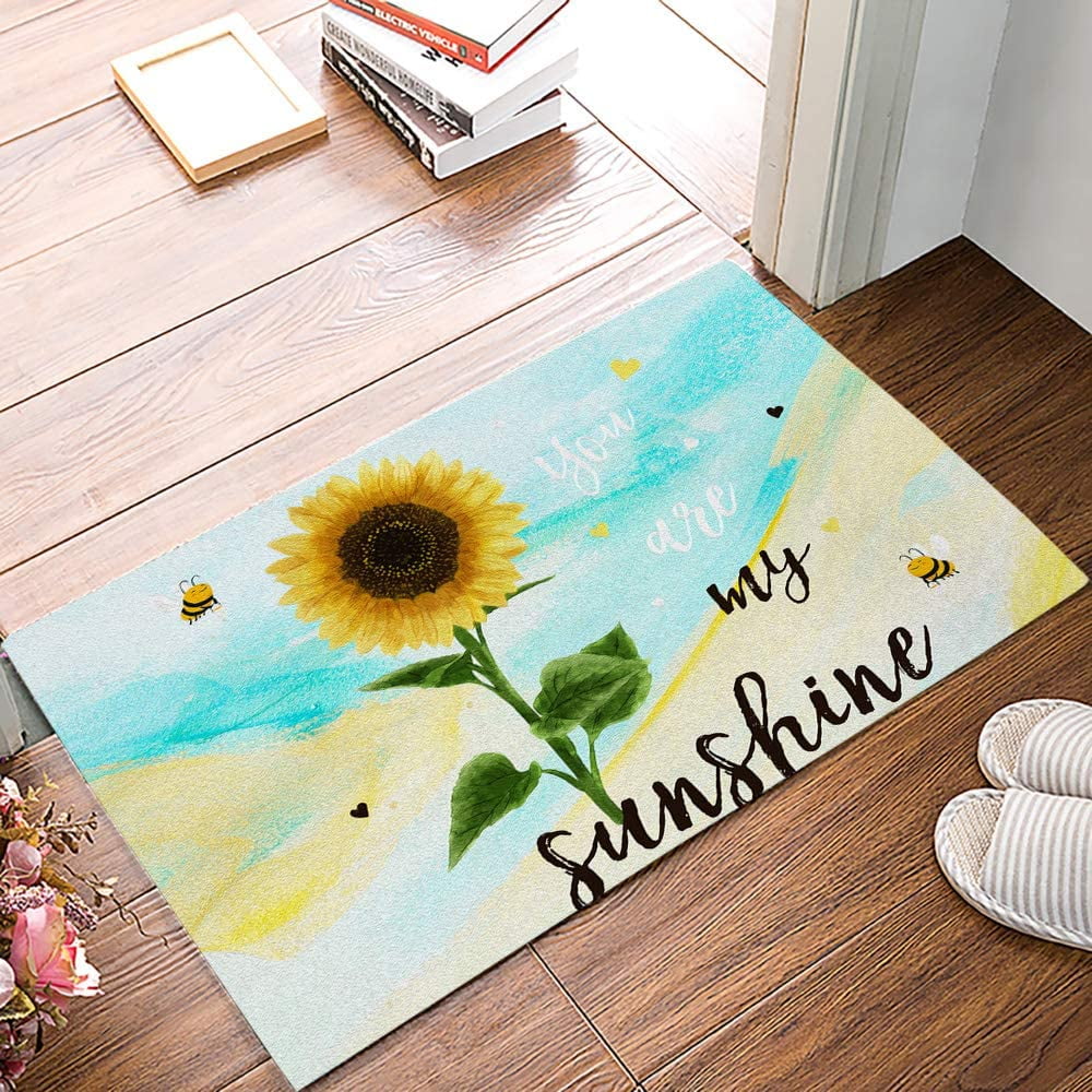 Entry Way Door Mat You are My Sunshine Sunflower with Bee Watercolor