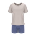 thumbnail image 4 of Organic Cotton Pajama Set - Relaxed Fit with Built in Bras | Solid Color Crew Neck Short Sleeve Top & Stripes Elastic Shorts For Everday Wear, 4 of 6