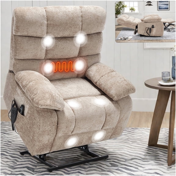 Electric Power Lift Recliner Chair with Heat and Massage, Dual Motor Infinite Position Reclining, Heavy Duty Large Chenille Recliner for Elderly, Beige