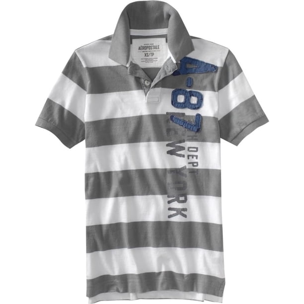 Aeropostale Polo de rugby a rayas para hombre, gris, pequeño