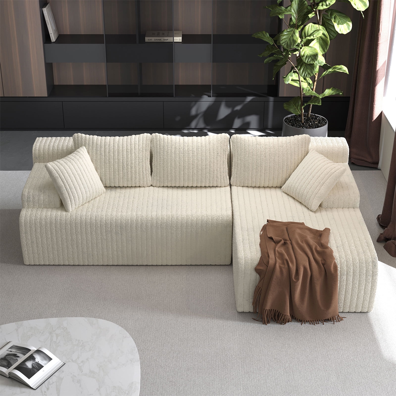 LAUSAINT HOME 96" Boneless Sectional Sofa, L-Shaped Modular Cloud Couch with Deep Seat & Plush Corduroy Fabric (Beige, Right Facing Chaise)