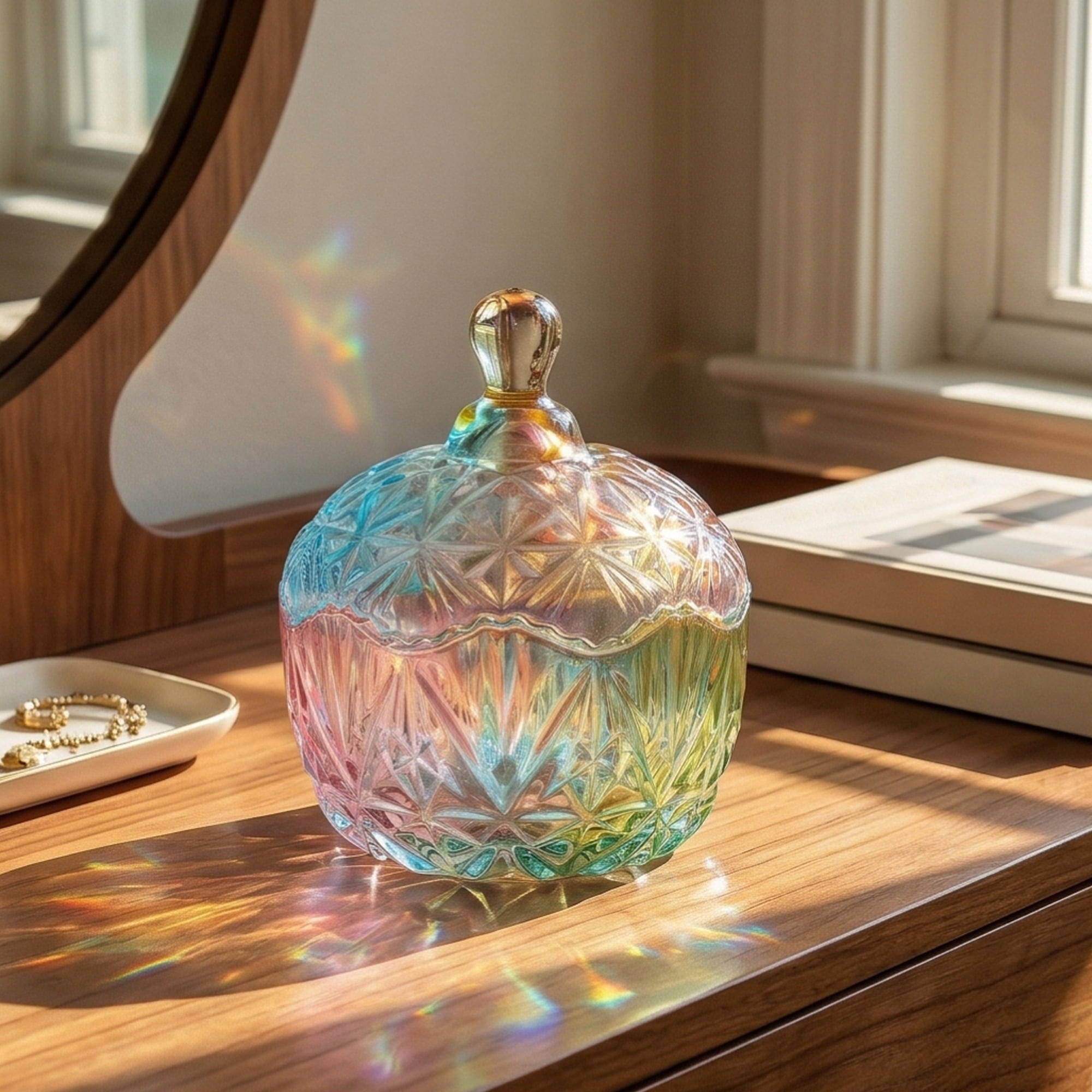 Unique Bargains Crystal Glass Candy Dish With Lid Colorful 4.1" x 4.1" x 5.5"