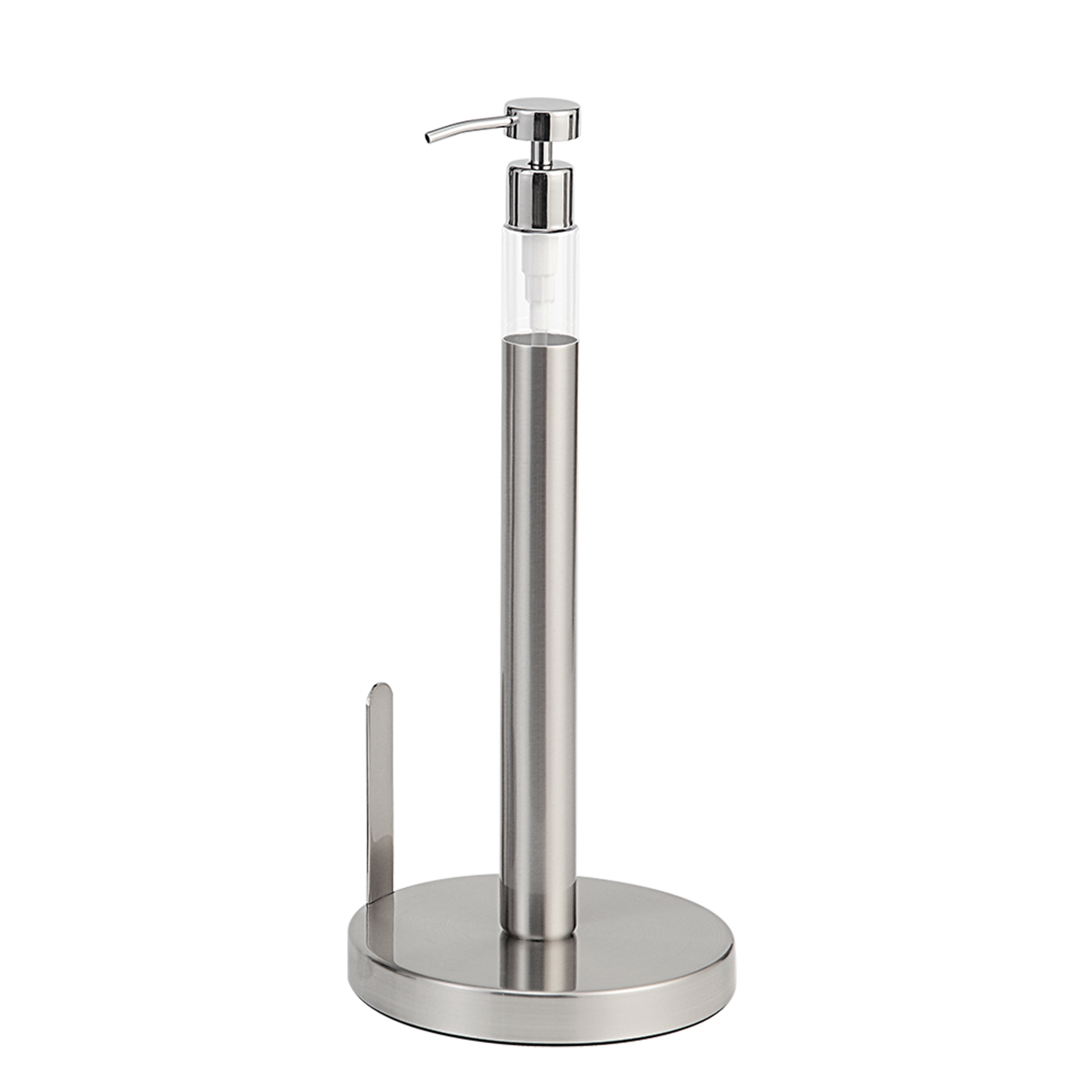 SunnyPoint Heavy Weighted Paper Towel Holder Stand with Built-in Pump Bottle – Satin Nickel