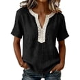 thumbnail image 2 of ClodeEU Women's Linen Blend V Neck Short Sleeve Top with Lace Trim ,Solid Color Casual Blouse Black,Womens Plus XL, 2 of 7