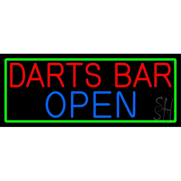 Dart Bar Open With Green Border LED Neon Sign 13 x 32 - inches, Clear Edge Cut Acrylic Backing, with Dimmer - Bright and Premium built indoor LED Neon Sign for Bar decor.