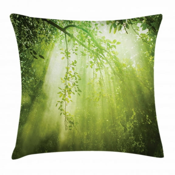 Scenery Decor Throw Pillow Cushion Cover, Rays of Sun Light Deep Dark in the Forest in Foliage with Dynamic Effects Decor, Decorative Square Accent Pillow Case, 24 X 24 Inches, Green, by Ambesonne