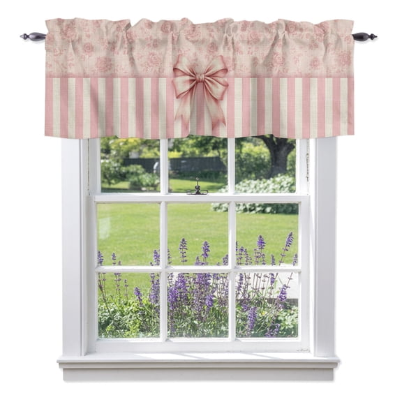 Pink Bowknot Valances for Windows, Distressed Rustic Pink Floral Stripes Valance Window Treatment Rod Pocket Short Curtains Valances for Kitchen Bathroom 42"W x 12"L