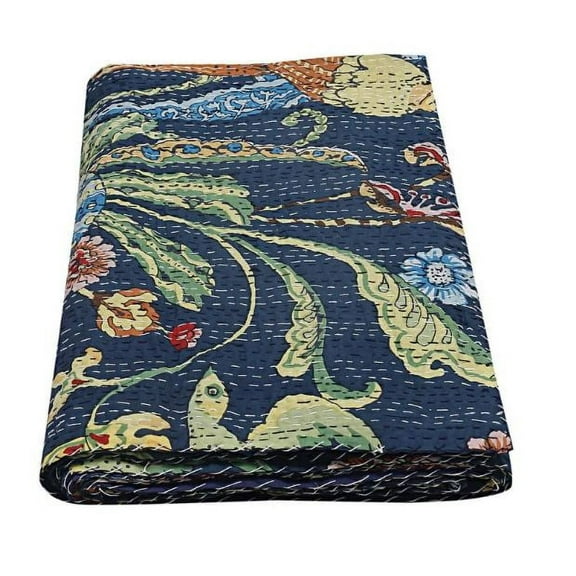 Vinsan International Handmade Kantha Quilts Florl Print Cottage Throw Blanket Bohemian Bed Cover Blue Color Baby size 50"x 70"
