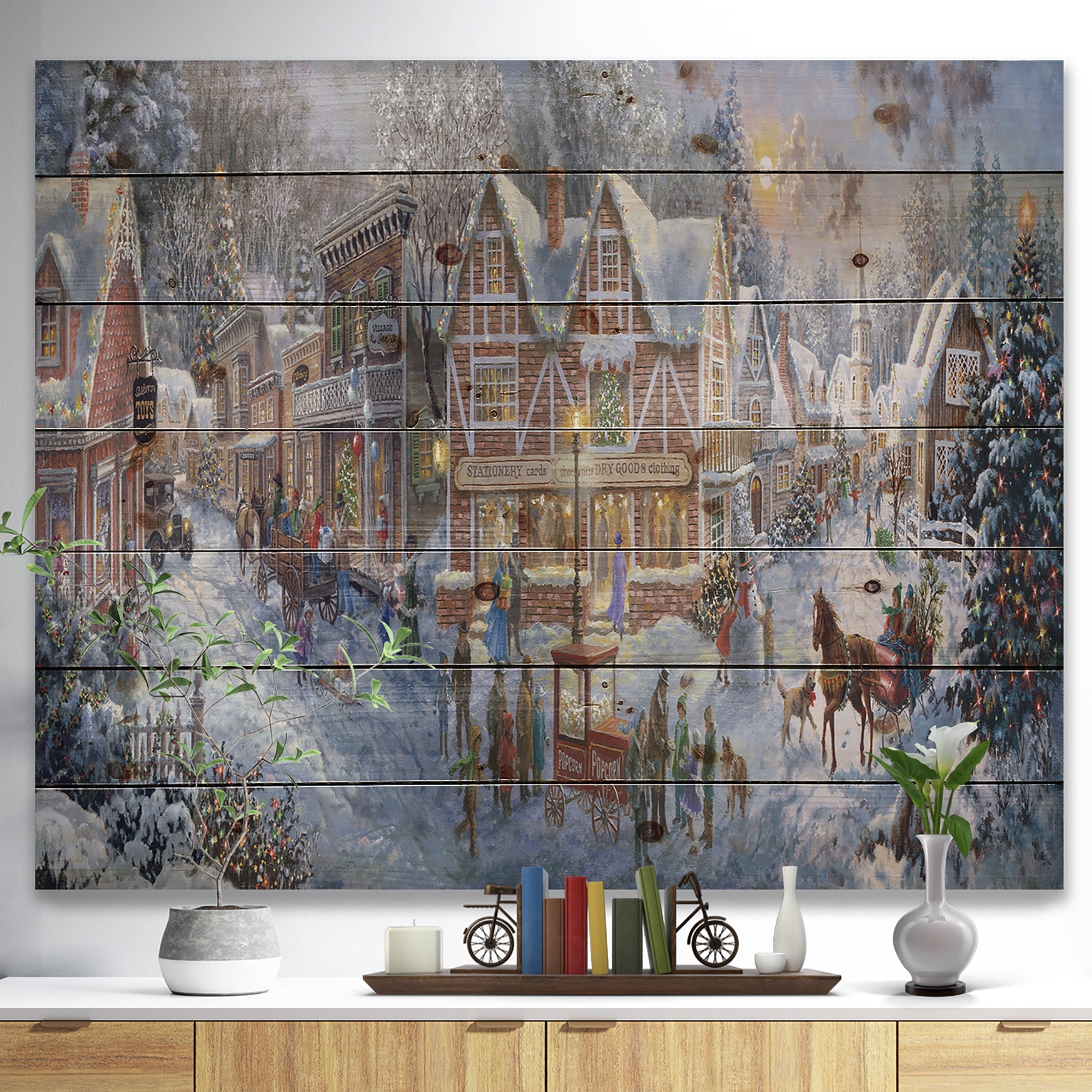 Designart 'Winter Christmas Shopping in snowy cottage with sleigh' Print on Natural Pine Wood