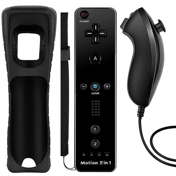 Manette XYCCA compatible Wii, télécommande Motion Plus et manette Nunchuck  pour Wii/Wii U, manette sans fil avec dragonne + étui en silicone (noir) 