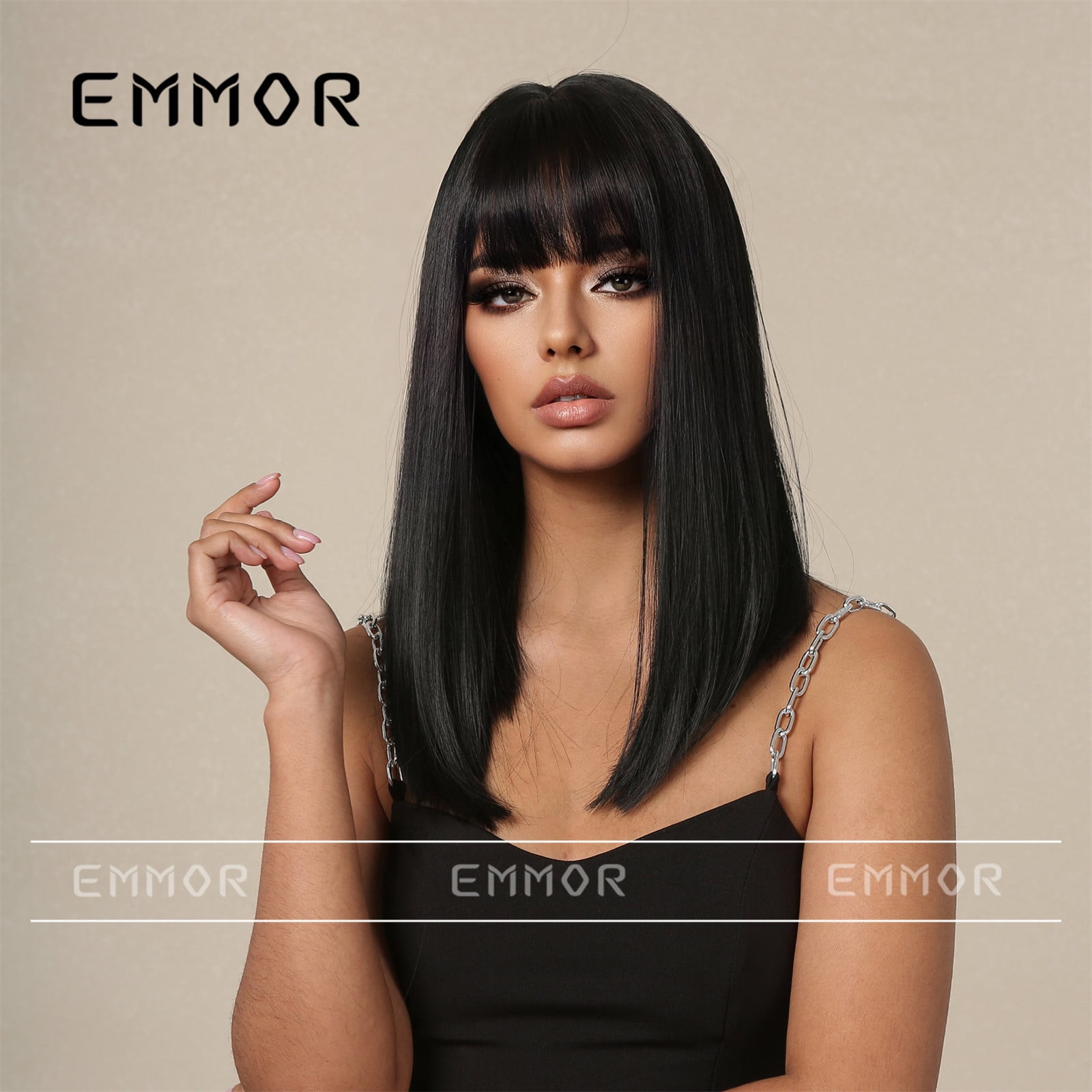 Women's Summer Long Hair Wig Natural Full Head Wig Medium Long Straight Hair Fashion Air Bangs Black European and American Style Women's Wig