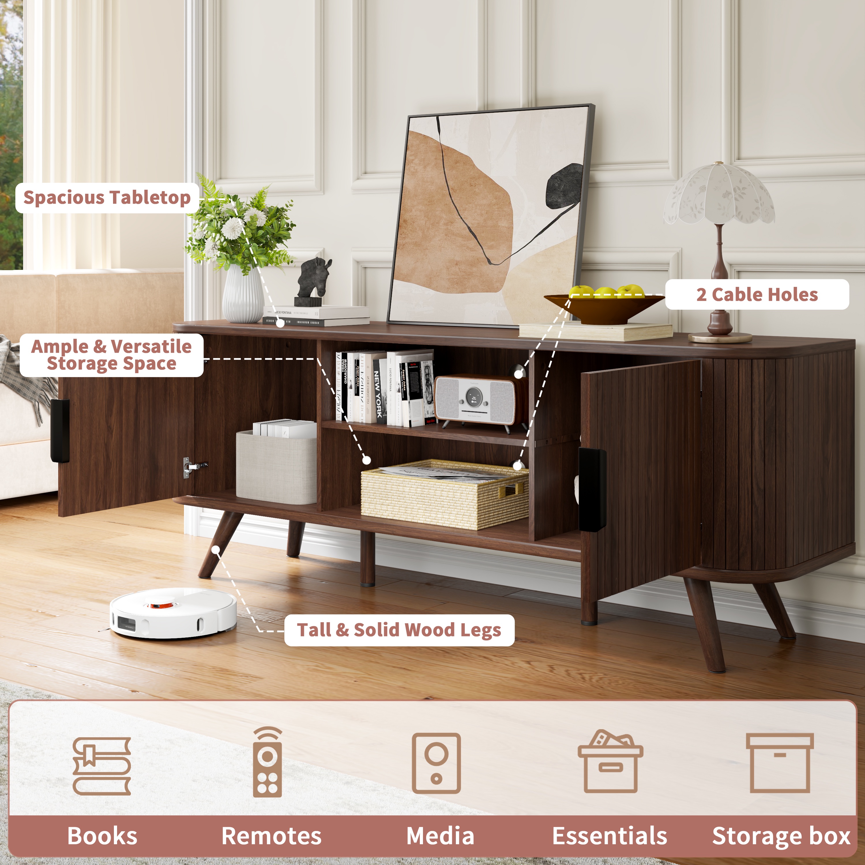 Tydimor 65" TV Stand with Storage Shelves & Drawers, Walnut photo 5