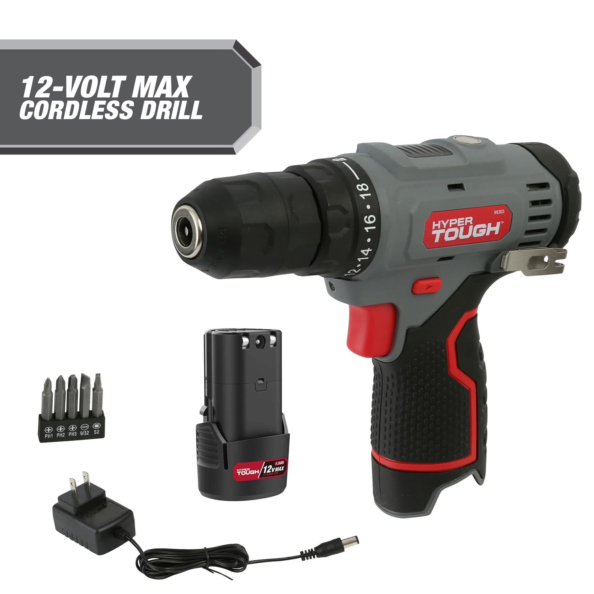 Hyper Tough 20V Max Lithium ion Cordless Drill 3 8 inch Chuck Variable Speed with 1.5Ah Lithium ion Battery and Charger Bit Holder LED Light Walmart