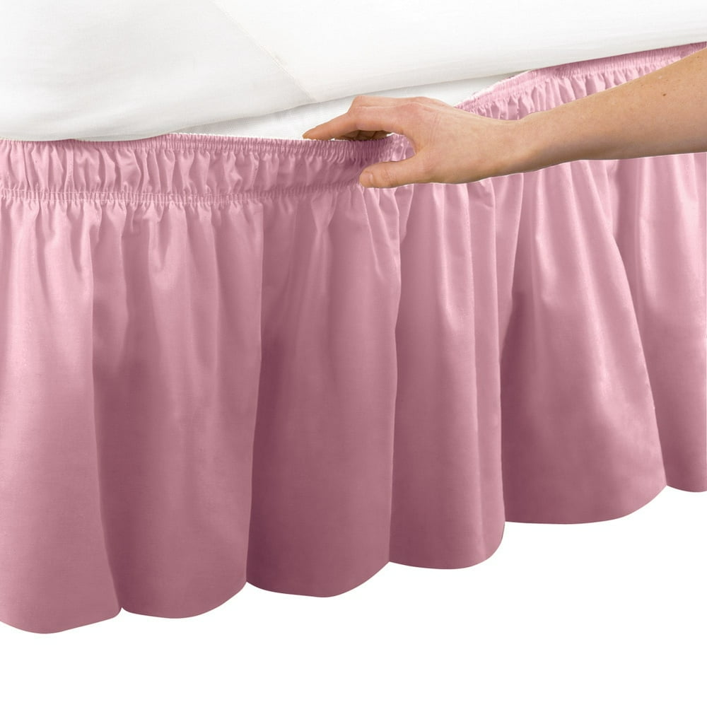 wrap around bed skirt, easy fit elastic dust ruffle, queen/king, rose