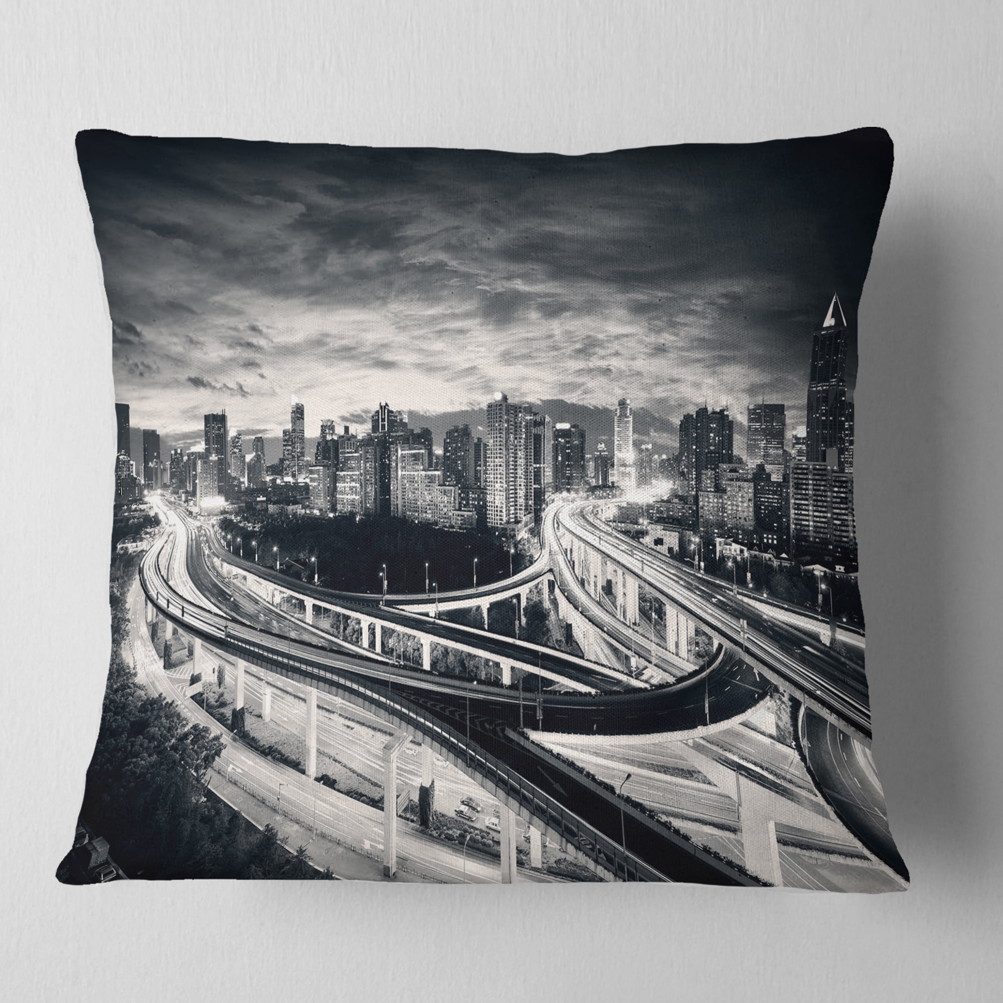Designart Dark Shanghai City - Cityscape Photography Throw Pillow - 16x16
