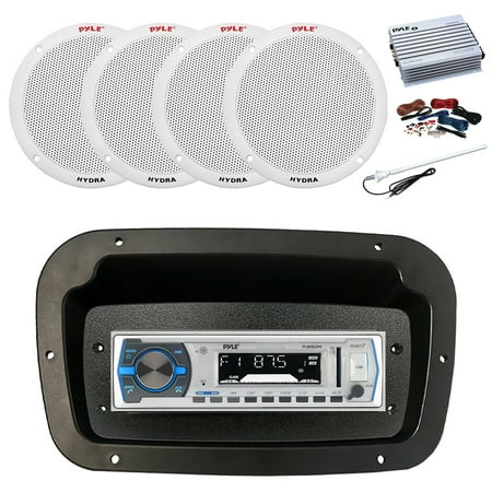 Pyle PLMRB29W Single DIN Bluetooth Marine MP3 Stereo Receiver Spa bezel Adapter Plate Long Range Antenna Amplifier w/Kit 4x 6.5 400W 2-Way Full Range Dual Cone Waterproof Speakers (White)