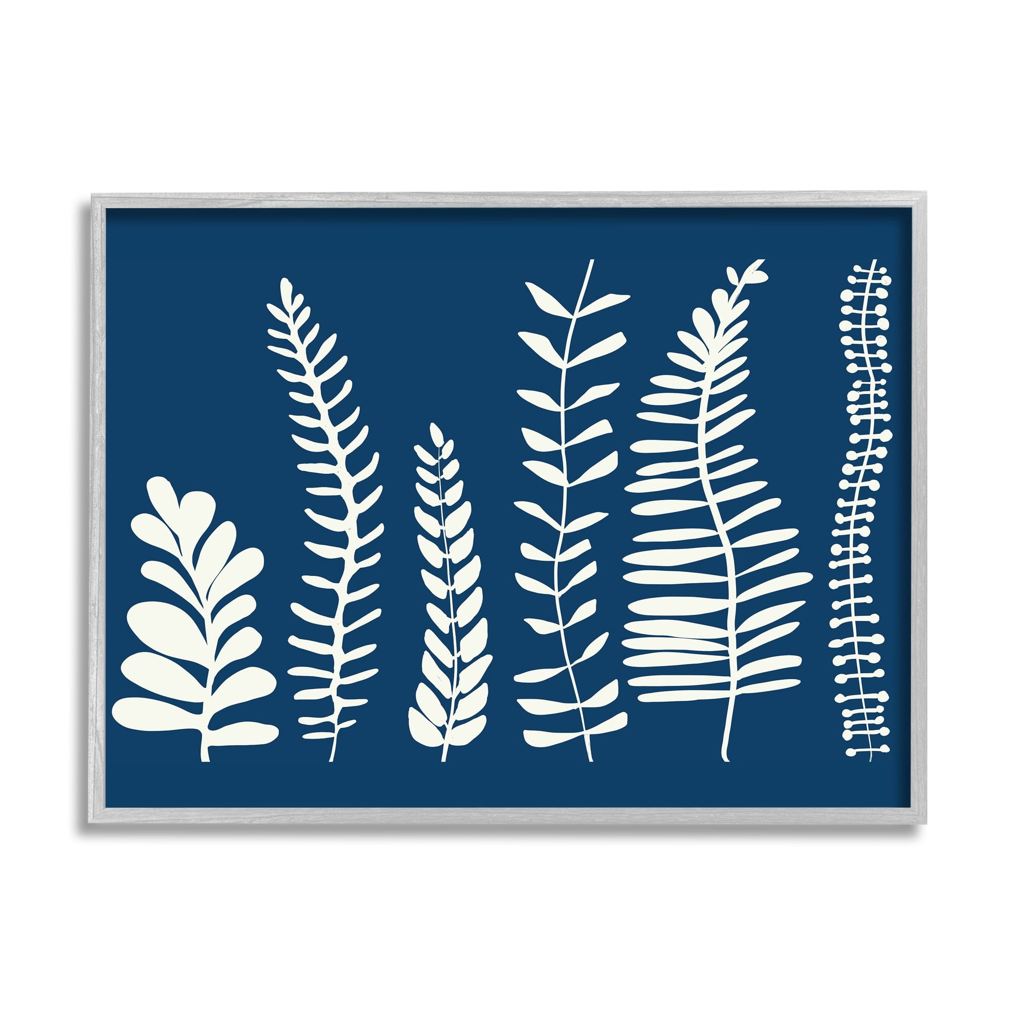 Stupell Industries Modern Fern Plant Leaves Blue Nature Silhouettes Graphic Art Gray Framed Art Print Wall Art, Design by Deborah Velasquez