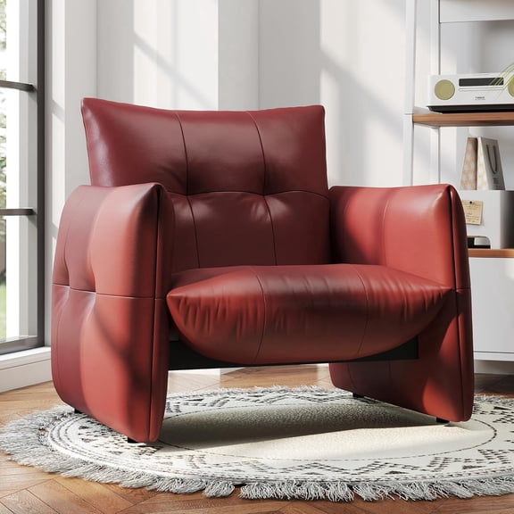 33.85" W Modern Faux Leather Single Sofa Chair, Lounge Armchair with High-Density Foam and Solid Wood Frame for Living Room, Bedroom, or Study, Red