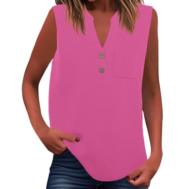 Camiseta sin mangas de verano para mujer, corte holgado, plisada, cuello en V, sin mangas, fluida, informal