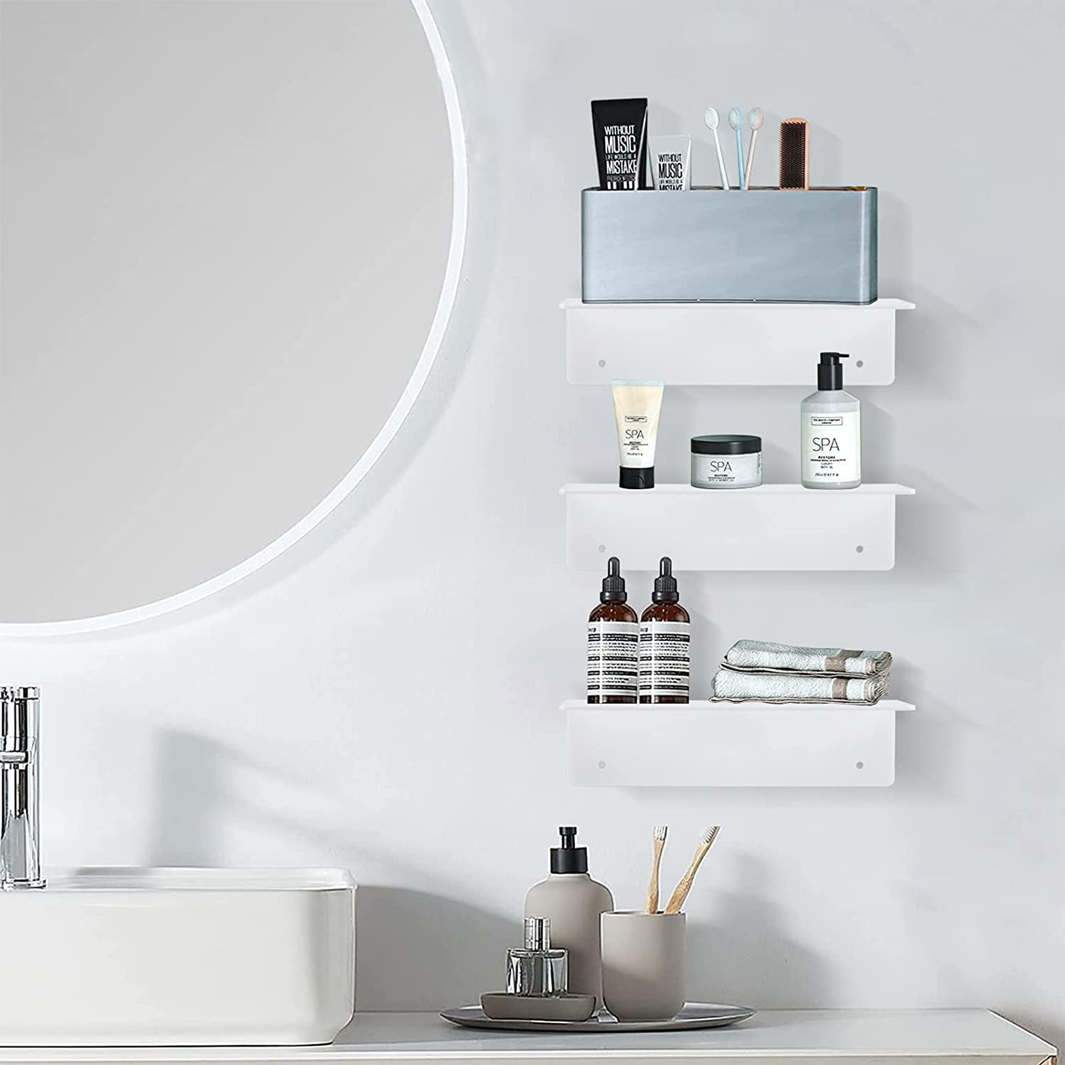 9 Inch Acrylic Floating Shelf No Drill Adhesive Wall Shelf Set of 4 for Funko Pop Storage, Floating Shelves Damage-Free Expand Wall Space for Living Room, Bathroom, Gaming Room, Office - White