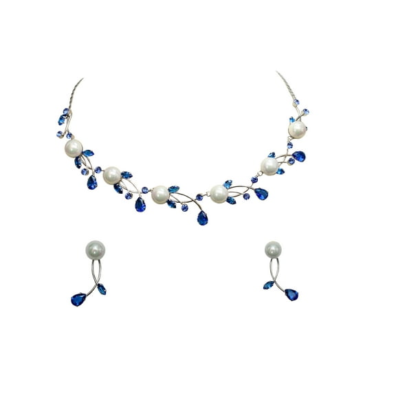 Faship Gorgeous Blue CZ Crystal Genuine 10mm Freshwater Pearls Floral Necklace Earrings Set