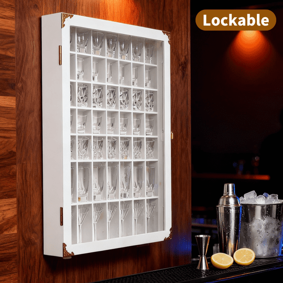Ymokee Shot Glass Display Case, Fully Assembled Lockable Wall Mounted Display Box with Acrylic Door for Home, 49 Shots White