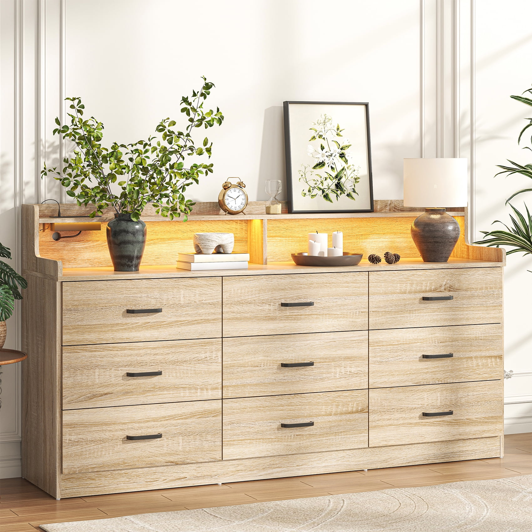 VVFLU Modern Dresser for Bedroom with LED Light, 9 Drawer Oak Dresser with Charging, Wooden Chest of Drawers, Large TV Stand for Bedroom