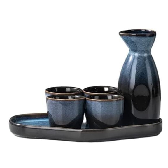 Japanese Sake Set, 1 Bottle and 4 Cups with Bamboo Tray, Ceramic Sake Set - Microwave and Dishwasher Safe
