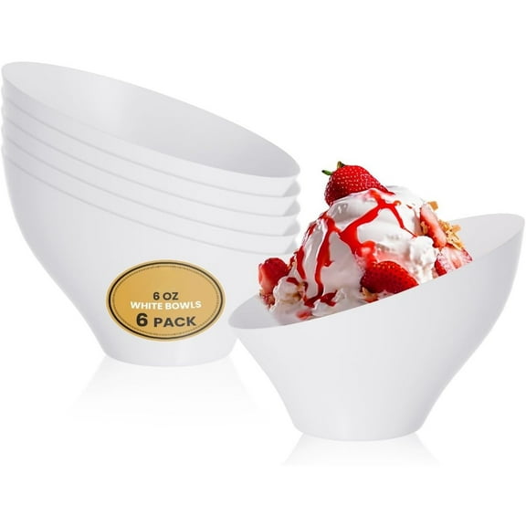 6 Pack Angled White Serving Bowls - Small Plastic bowls 6 oz - Premium Plastic Serving Bowls Heavy Duty For Weddings Catering, parties, And All Occasions (White, Small)