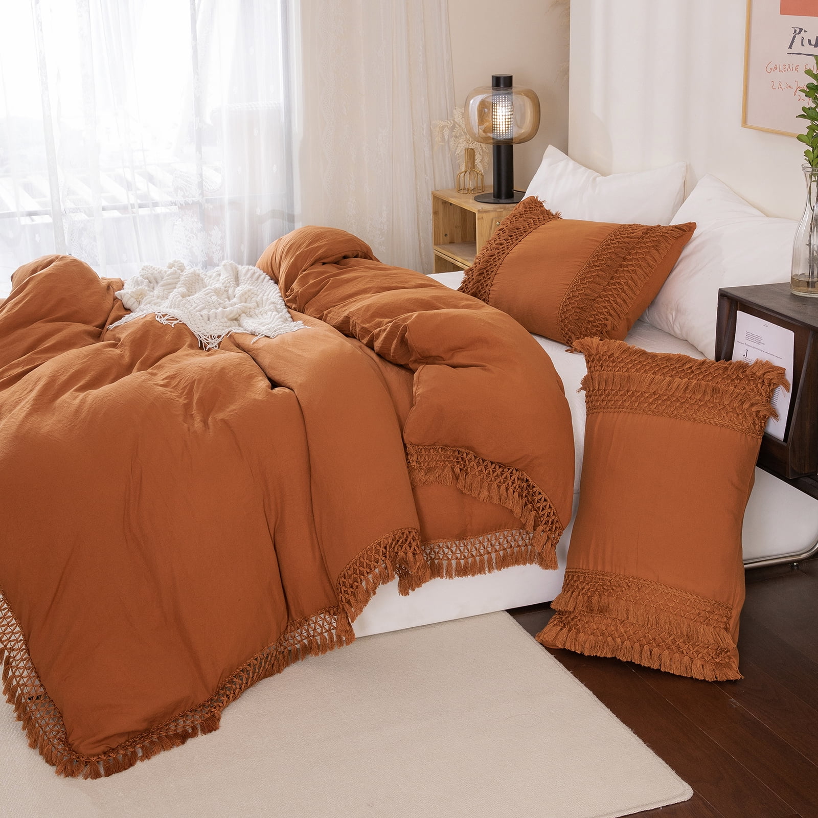Move Over Burnt Orange Bedding Sets King Washed Microfiber Macrame Tassel Pattern Boho Duvet Cover Set No Filling