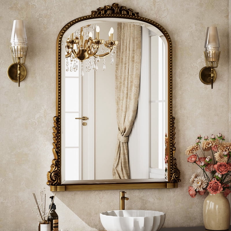Easy4Home 33"x 24" Arched Decorative Mirror Wall-Mounted,Antique Gold