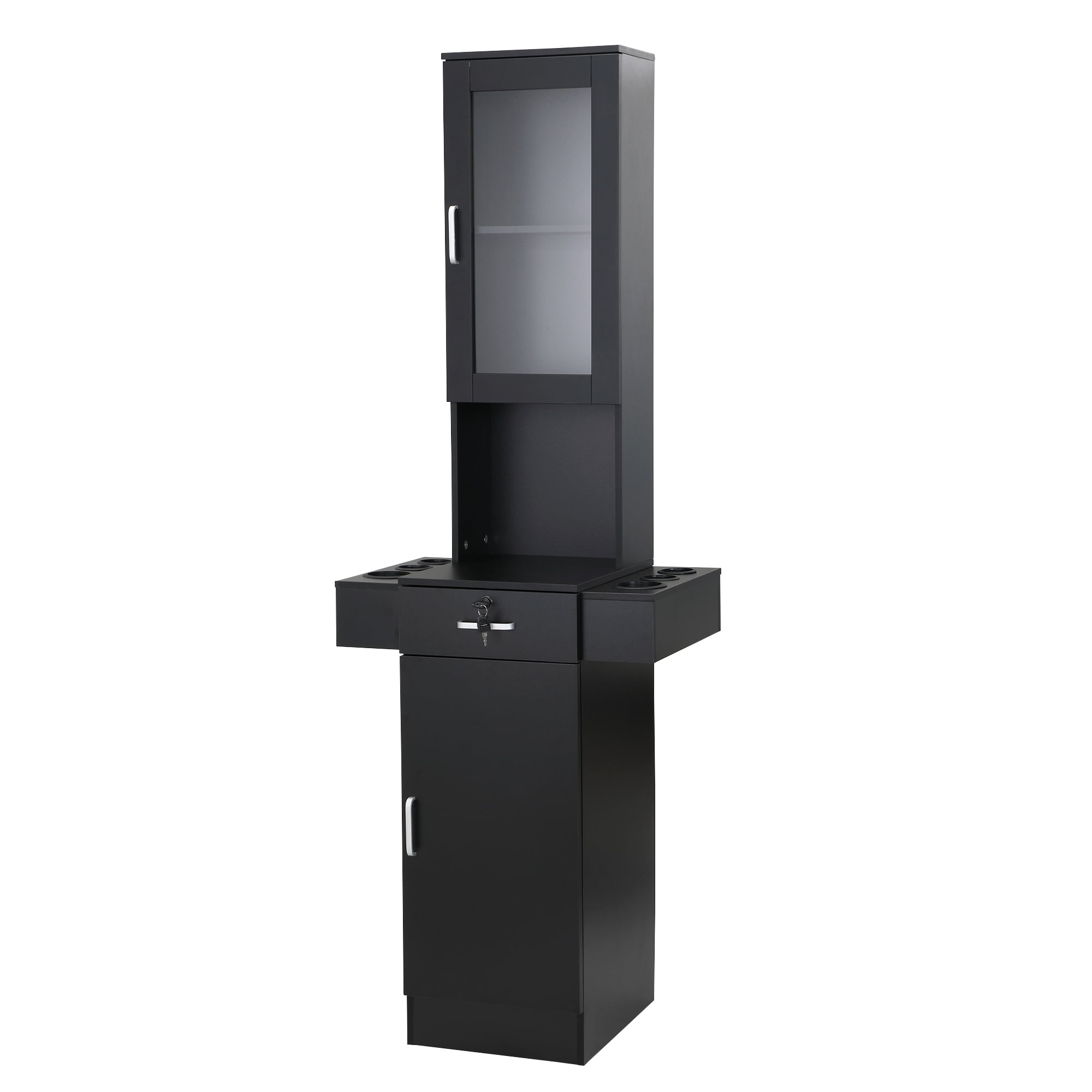 Spaco Classic Barber Station, Salon Station with Locking Drawer, Glass Door, Storage Cabinets, Dryer Holders, Wood Hair Styling Equipment, Black,