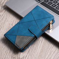 Dteck Wallet Case for iPhone 14 Pro,Magnetic Leather 9 Card Slots Zipper Purse Flip Case Shockproof Rubber Kickstand Lanyard Strap Wristlet Phone Cover,Blue