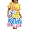 thumbnail image 1 of LUXUR Robes Courtes Mini pour Femmes Col Ras du Cou Robe d'Été Évasée Robe T-Shirt Tunique Décontractée Spirale Teinture sur Nœuds TG, 1 of 3