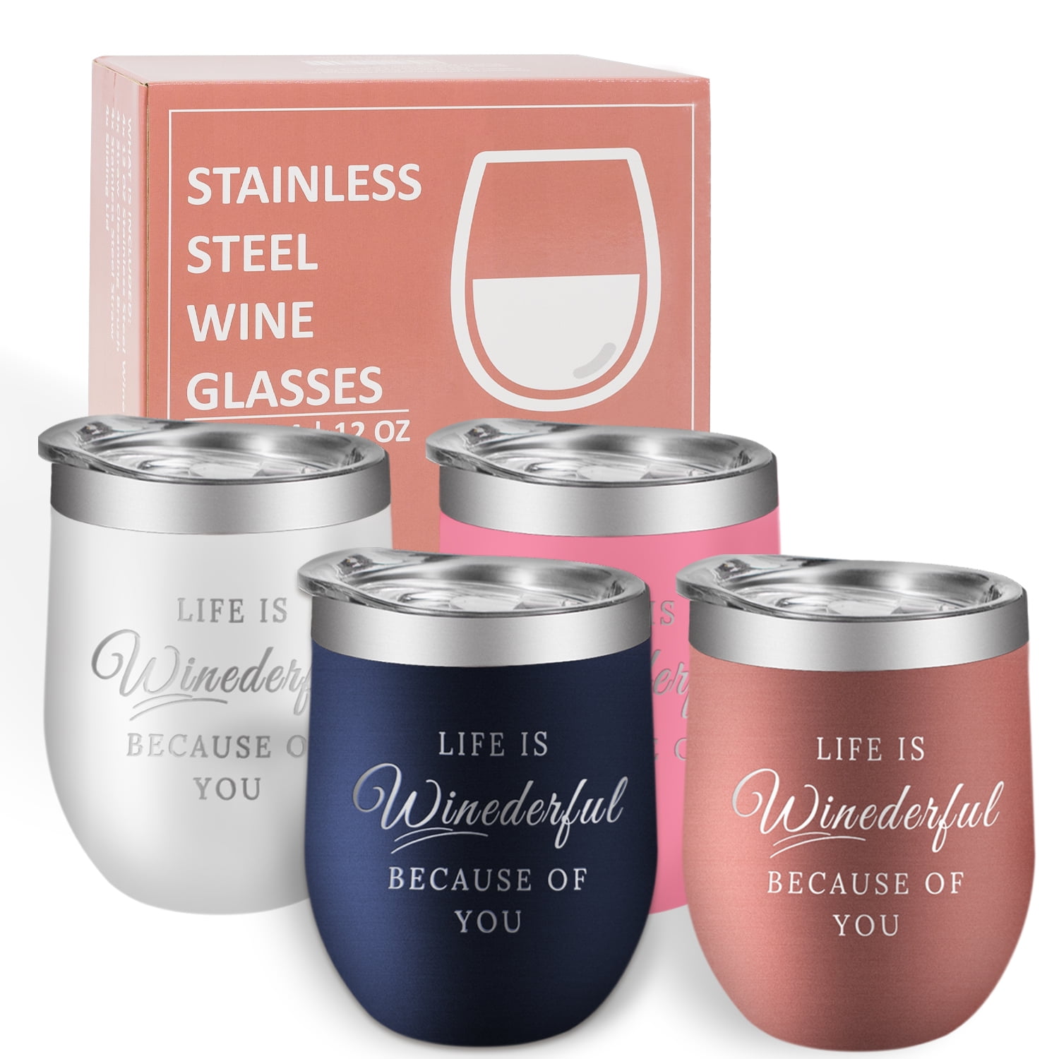 CELSWON Stainless Steel Wine Tumbler 4 Pack,Insulated Wine Glasses Set
