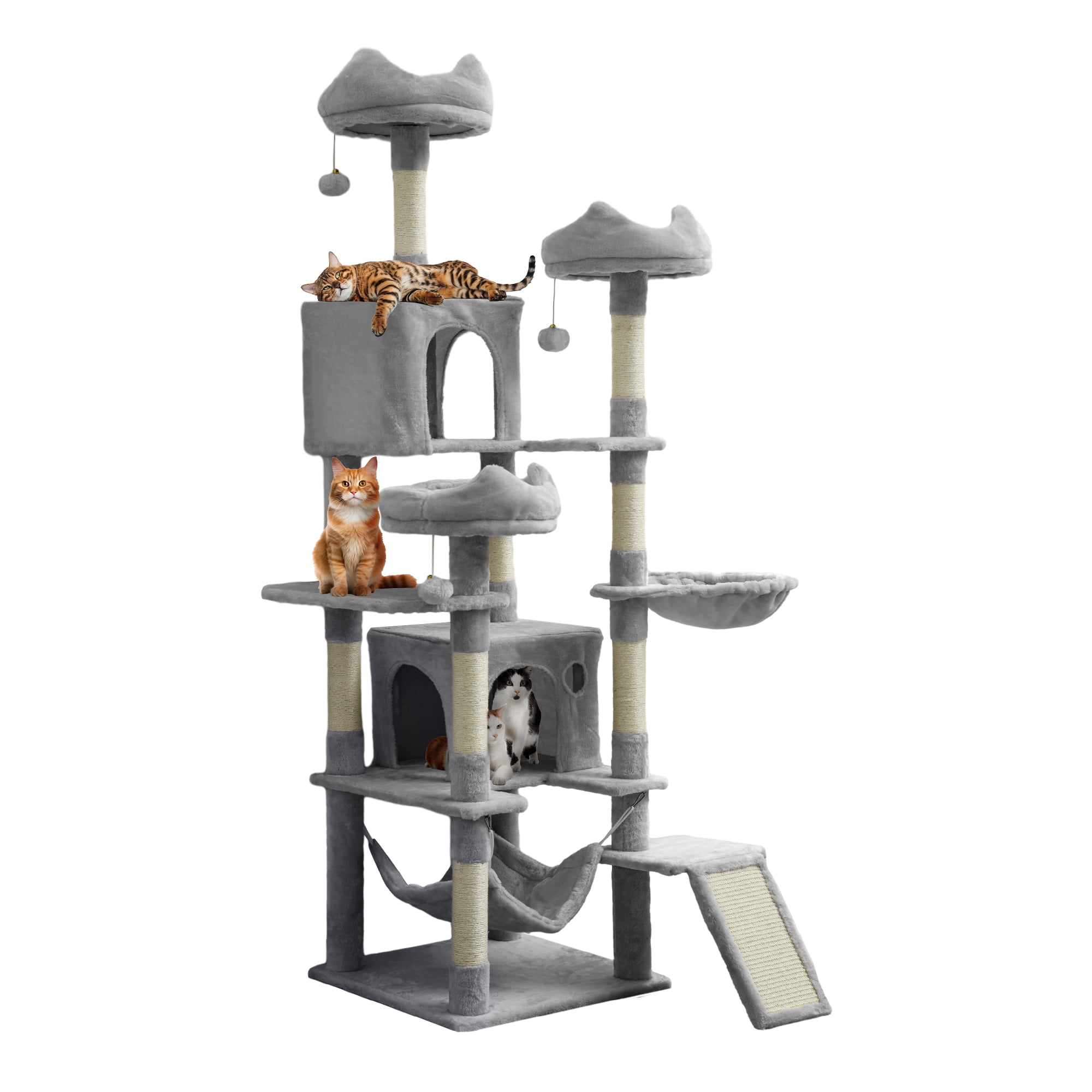 Uforic 75" Multi-Level Cat Tree Tower with Condos, Hammocks, Scratch Posts, Light Gray