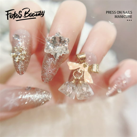 Fofosbeauty 24pcs Press on False Nails Tips, Almond Fake Acrylic Nails, Christmas Bell Bow Snowflakes Silver-white