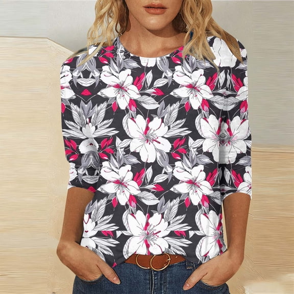 Jsaierl 3/4 Sleeve Womens Tops Plus Size Crew Neck Shirts Cute Graphic Petite Blouses Soft Elegant T-shirts Top S-5XL