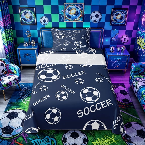 Castle Fairy Minimalist Soccer Print Twin Sheets 3pcs, Sport Theme Bedding, Navy White,1 Fitted Sheet, 1 Flat Sheet and 1 Pillowcase