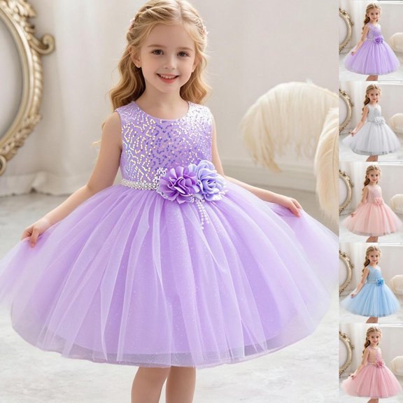 Little Girls 0-5Y Sleeveless A-Line Sequin Tulle Dress, Flower Decorated Princess Gown for Wedding Ceremony, Pageants & Evening Shows White 2 Years