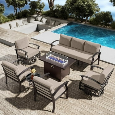 ASJMR 3PCS Aluminum Armrest Sofa with 2 Swivel Rocking Chairs & 45" Fire Pit Table & Glass Top Table,Outdoor Patio Furniture Conversation Set,Sand