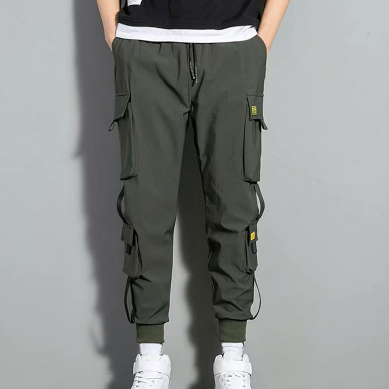 Men Cargo Pants Black Ribbons Block Multi-Pocket Harem Joggers Sweatpant  Hip Hop Casual Male Trousers