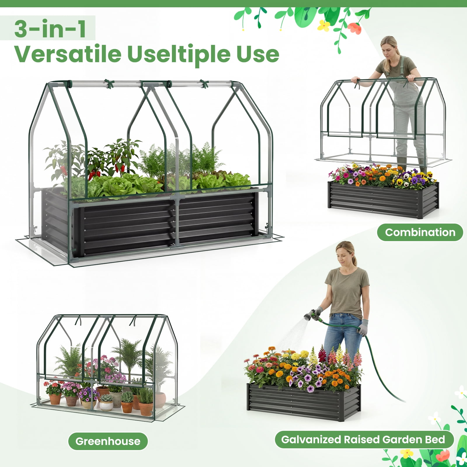 Gymax 4 x 2 x 3 FT Small Galvanized Raised Garden Bed w/Greenhouse Cover Windows Black & Transparent
