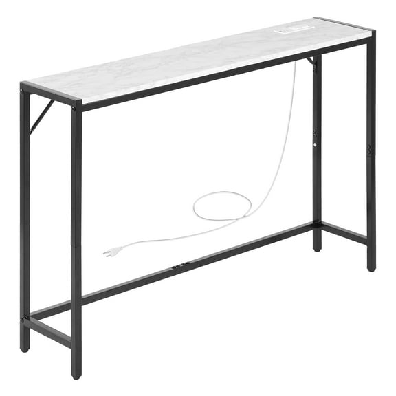 KFFKFF Modern Marble Console Table with Power Outlet, Slim Sofa Side Table Featuring Iron Tubes, Anti-Tip Design, and Triangular Support for Living Room, Hallway, Entryway, or Foyer